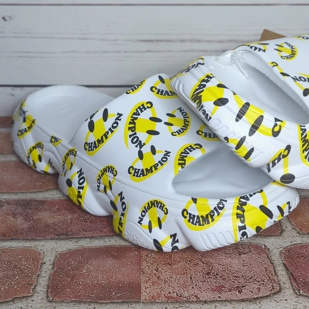 Champion Men's Meloso Squish Smile‎ White and Yellow Slide Slip On Sandals